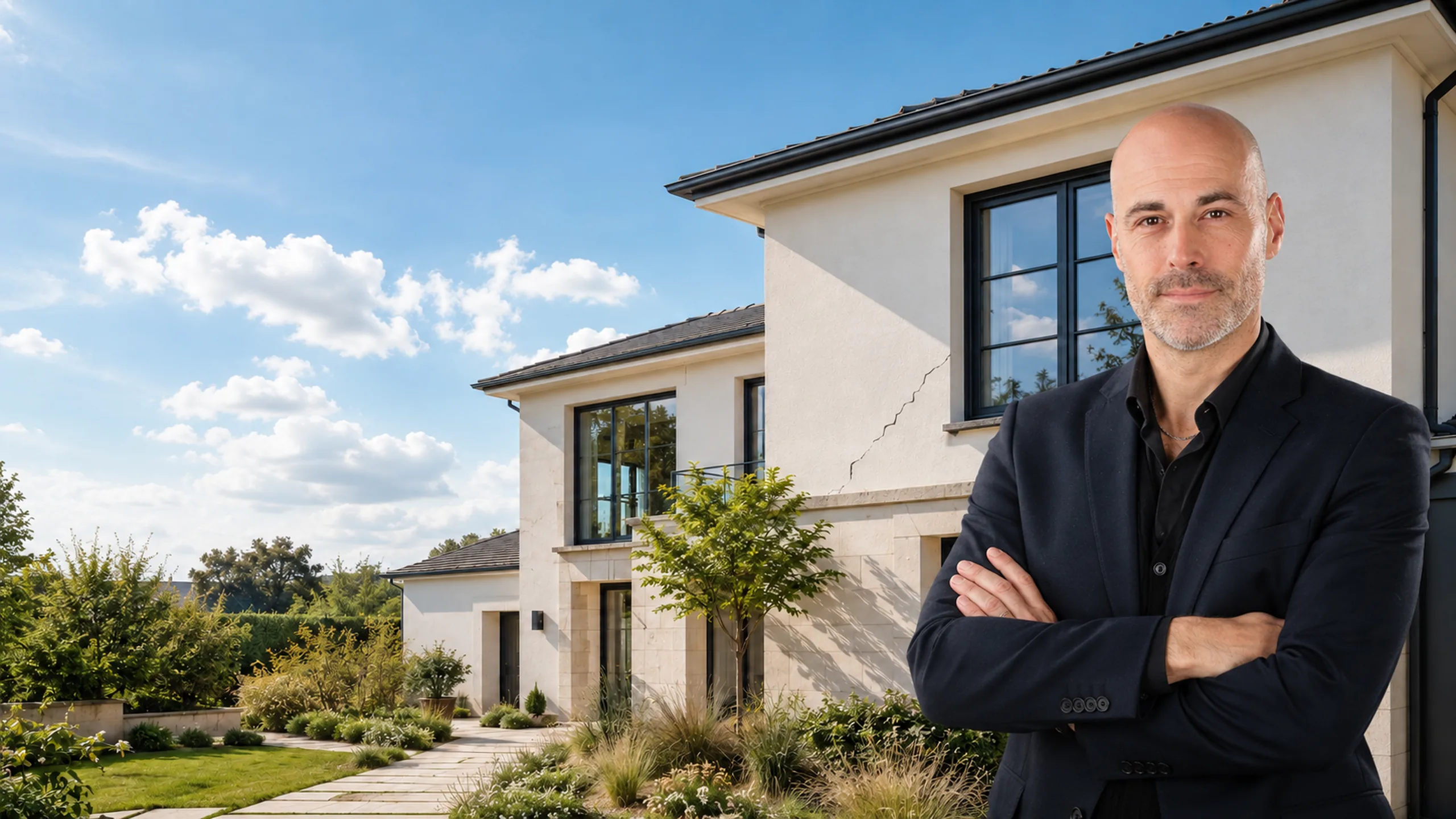 Sylvain Roux devant une maison individuelle présentant une fissure de façade